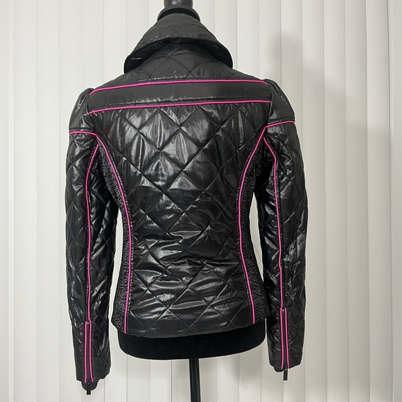SUGARFLY Quilted Puffer Moto Jacket Coat Zip Up Pockets Black Neon Pink Medium - Picture 4 of 13